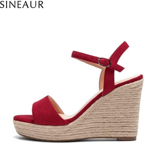SINEAUR Womens Summer Shoes Sexy Ladies Super High Wedges Heel Pumps Cross Strap Suede Sandals PU Round Toe Plus Size 35-45