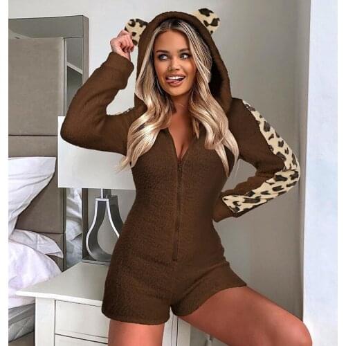 Women Fall Winter Warm Fuzzy Zip Up Hooded Romper 3D Animal Ear Leopard Long Sleeve Bodycon Jumpsuit Playsuit