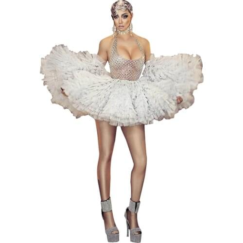 Elegant White Tutu Dresses for Women Sexy Off Shouler Crystal Party Outfits Summer Nightclub Stage Costumes with Mesh Sleeve