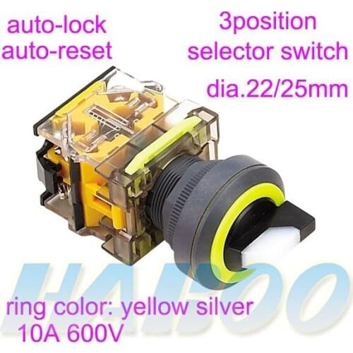 3position selector switch 5pcs/lot dia.22/25mm ultrathin head auto-reset auto-lock selector rotary switch 10A 600V IP40