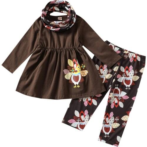 OPPERIAYA 3Pcs Infant Thanksgiving Day Outfits Baby Girls Long Sleeve Round Neck Pullover Leopard Turkey Print Pants Neckerchief