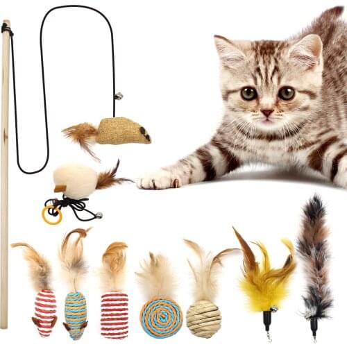 9 pcs Cat Interactive Toys Set Feather Toy Teaser Sisal Kitten Cat Toys for Small Large Pet Colors Vary