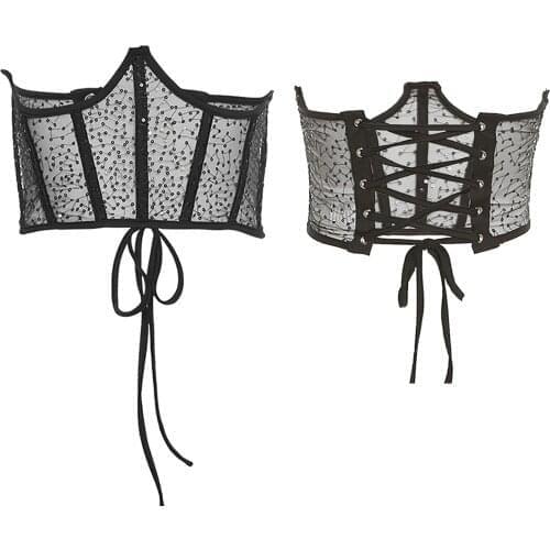 Hot Women Underbust Corset Black Lace-Up Waist Cincher Rave Crop Top Sexy Sequins Sheer Mesh Bustier Lingerie Corsets Belt Tanks