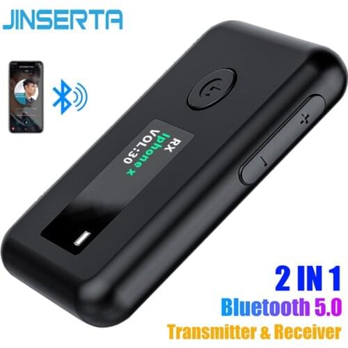 JINSERTA 2 in 1 Handsfree Bluetooth 5.0 Receiver Transmitter 3.5mm AUX Long Standby Audio Adapter for Car TV Bluetooth Headphone
