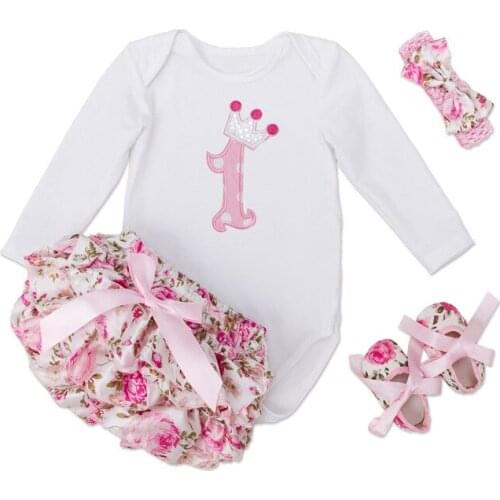 Baby 1st Birthday Tutu Dresses Glamorous Long Sleeve Cotton Girls Romper+Skirt 4pcs Outfits Birthday Party Newborn Girls Clothes