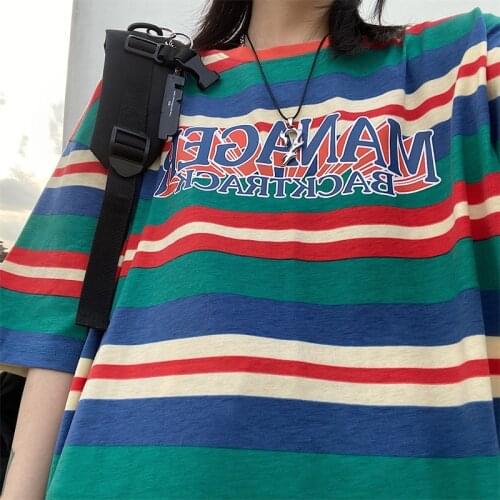 Maxxo Korea School Clothing Vintage Striped Color Matching T-Shirt Couple Short-Sleeved Oversize t-Shirts 2021 Hit Goth Tee Y2k