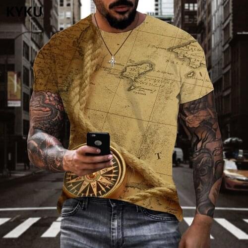 KYKU Brand Compass T-shirt Men Map Shirt Print Retro Funny T shirts Hip Hop T-shirts 3d Short Sleeve Punk Rock New Male Big Size