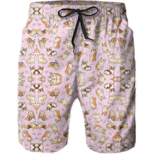 Male Shorts Causal R92 Breathable Quick Dry Funny NoveltyCasual Lovey Corgis In Pink