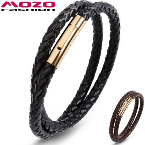 Genuine Leather Brand Bangle Black Rope Chain Stainless Steel Buckle Men and Women Vintage Hand Strap Bracelets