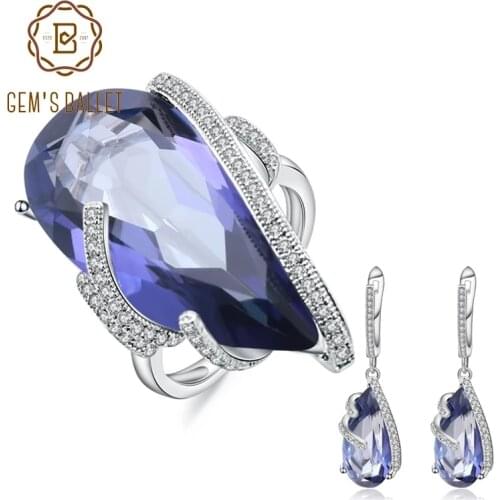 GEMS BALLET 925 Sterling Silver Fashion Earrings Ring Set Natural Iolite Blue Mystic Quartz Water Drop Jewelry Sets For Women