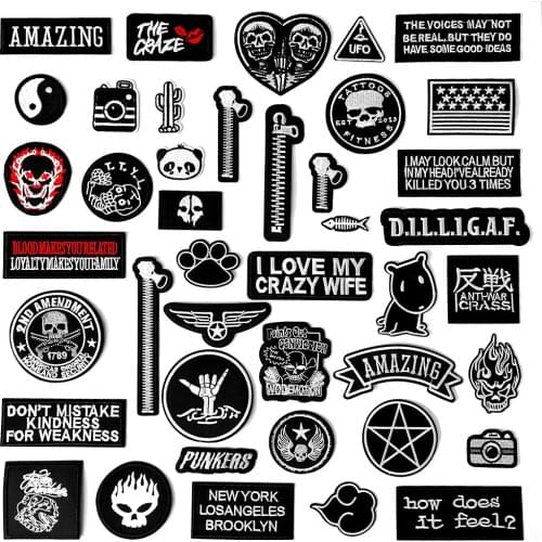 DIY Cartoon Black White Embroidered Cute Badges Hippie Iron On Kids Patches For Clothes Stickers