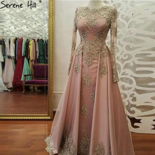 Serene Hill Muslim Pink Beaded Evening Dresses Gowns 2021 Elegant Luxury Overskirt For Women Party LA71276