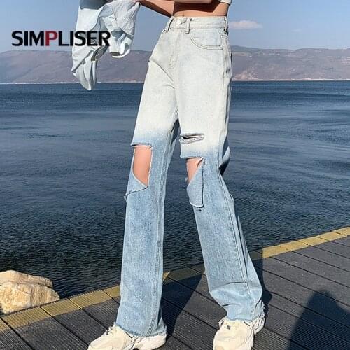 Fashion Straight Hole Jeans Women High Waisted Ripped Jeans Trousers Plus Size Female Loose Denim Blue Baggy Jeans Trousers 2021