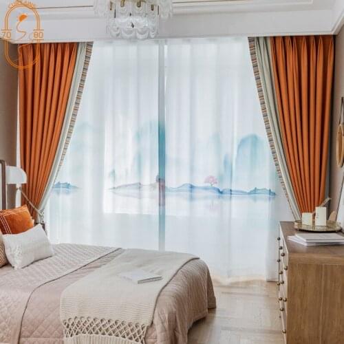 High-end Orange Stitching Curtains for Bedroom Living Room Curtains Floor Curtains Cotton and Linen Blackout Curtains