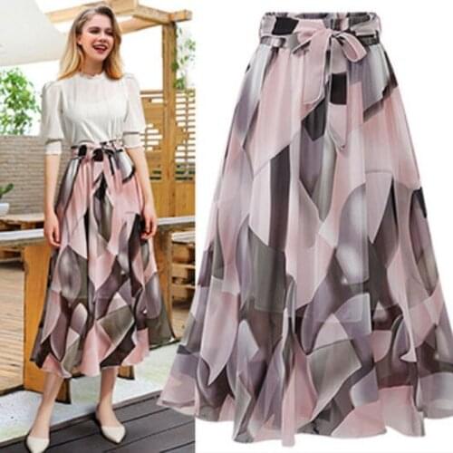 2021 New Summer Women Floral Print A-line Skirt Elegant Lace-up High Waist Beach Holiday Chiffon Long Skirts Jupe Femme Y723