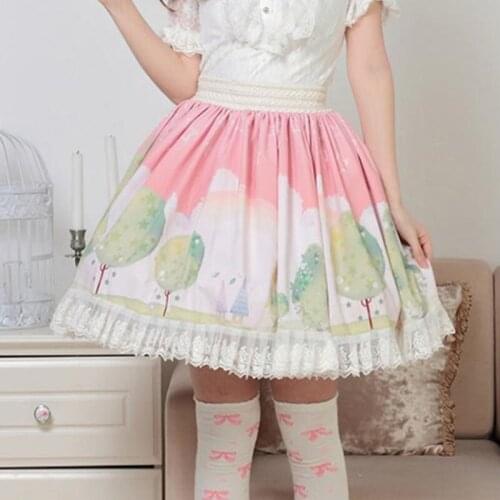 XS-6XL Plus size custom made skirt Dream lotus leaf drawing skirt lolita princess pleated lace hem pink skirts Fashion Guality