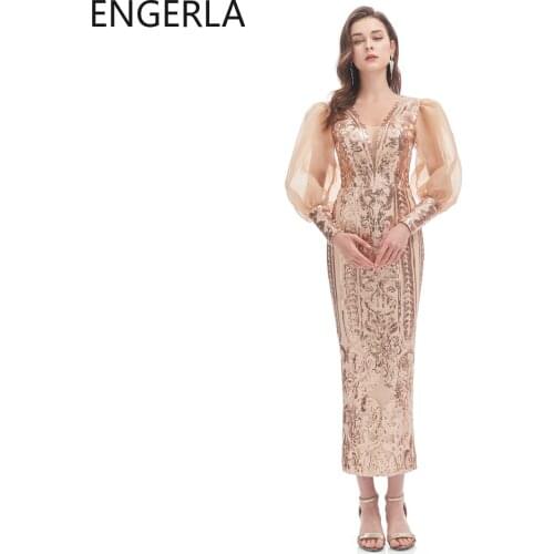 Ladies Pure Color Elegant Evening Dress Long Lantern Sleeve Dress Formal Occasion Sequined Long Sleeve Evening Dress Multi-color