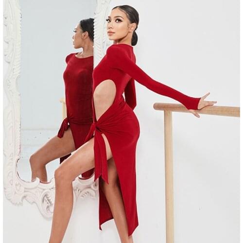 Latin Dance Dress Adult Women Suspener Dress Red Backless Slit Sexy Dress Party Wear Tango Dance Competition Costume DNV14753