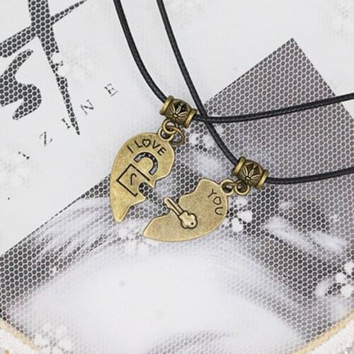 2 PCs/Set, Couple Necklace for Women and Men Black Pope Chain Paired Silver color and Bronze Two pieces Hearts Pendant Necklace