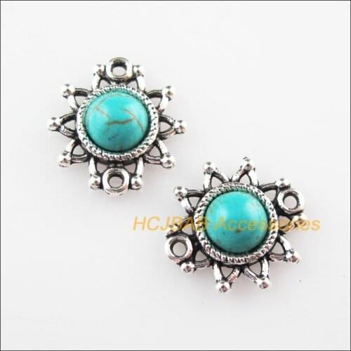 25Pcs Retro Tibetan Silver SunFlower Stone Charms Pendant Connectors 14x15mm