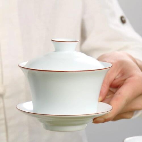 Jingdezhen Ding Kiln Matt White Browm Rim White Ceramic Gaiwan Gongfu Tea Brewing Teacup with Lid Jingdezhen Gaiwan 160ml