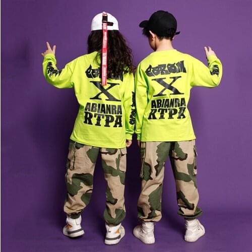Children Hip Hop Costumes 2020 Spring Korean Style Long Sleeve T-shirt Camouflage Print Pants Suit Jazz Dance Clothes Streetwear