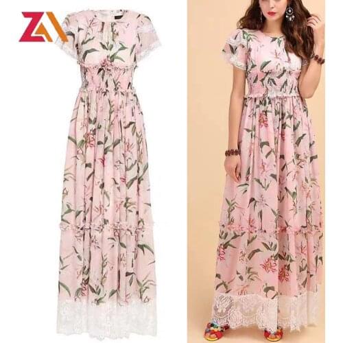 ZAlady Designer Beach Boho Lace Up Maxi Dresses Women Elegant Lily Flower High Waist Elasticity Short Sleeve Party Long Dress