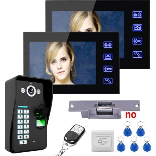 7" Two Monitors RFID Fingerprint Video Door Phone Intercom Doorbell IR-CUT Camera Access Control System+NO Electric Strike Lock