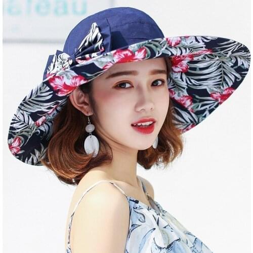 Reversible Summer Hat For Women Superlarge Brim Beach Cap Sun Hat Female England Style Girls Bow Fedora Hat