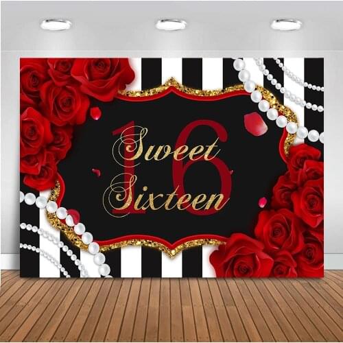 Sweet Sixteen Birthday Backdrop Girls 16th Red and Black Stirpes 7x5ft Red Rose Flower Decorations Pearl Red Floral Table Banner