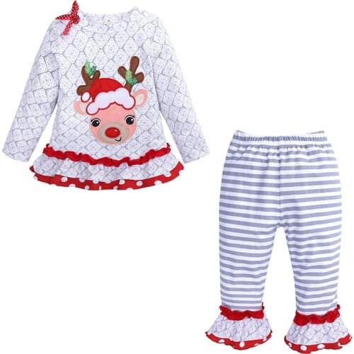2020 Fall/winter Christmas Clothes Girls Long-sleeved Elk Top + Striped Trousers Suit New Year Christmas Childrens Clothing Set