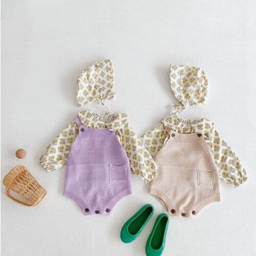 Baby Girl Sleeves Romper+Shirt+Hat Suit Jumpsuit Floral T-shirt Solid Color Spring Autumn Toddler Baby Clothes Outfit