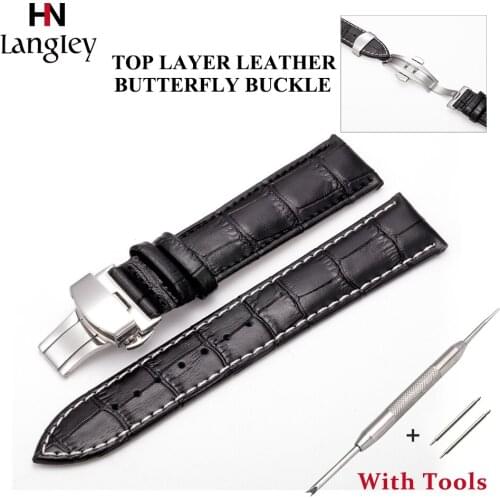 Genuine Leather Watchband With Butterfly Buckle Slub Grain Cowhide Strap for Wristwatch Accessories 12-24mm Watches Straps