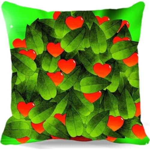 Red Heart Green Leaves Square Cushion Pillow Case Cover - Cloth, Double-sided Printing