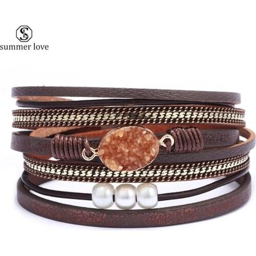 Punk Multi Layer Leather Bracelets for Women Men Snake Cuff Wrap Magnetic Bracelet Boho Retro Crystal Pearl Chain Bangle Jewelry