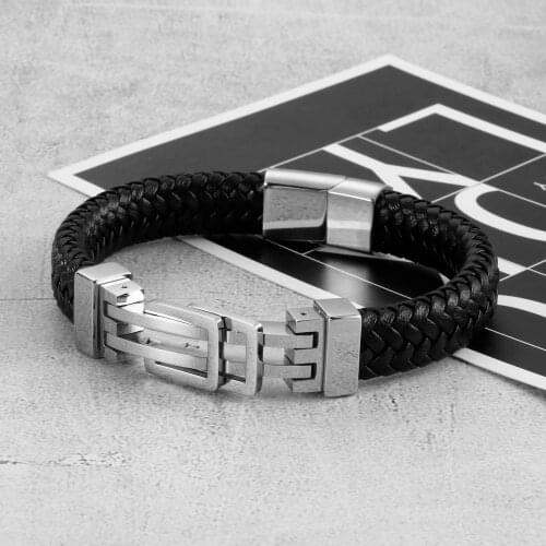 HaoYi Trendy Stainless Steel Mens Bracelets On Hand Leather Chain Comfortable Jewelry Wholesale