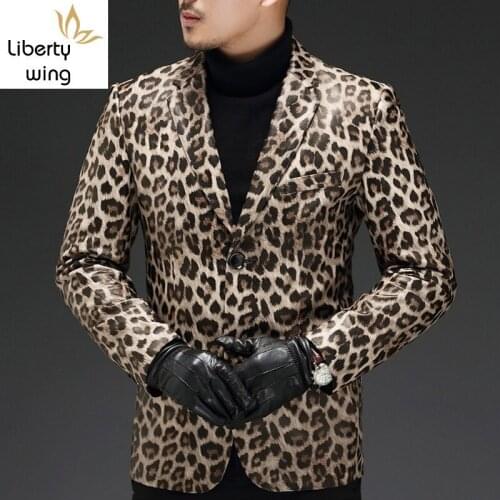 Top Brand Fashion Leopard Mens Genuine Leather Punk Style Plus Size Male Long Sleeve Single Breasted Slim Fit Blazers