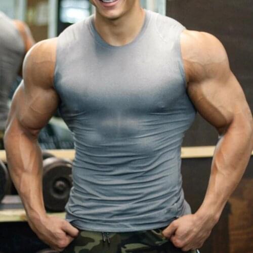 Men Summer Casual Sleeveless Quick-drying Super Tight Vest Polyester Fiber Top Bodybuilding Sport Fitness Workout Sport Vest