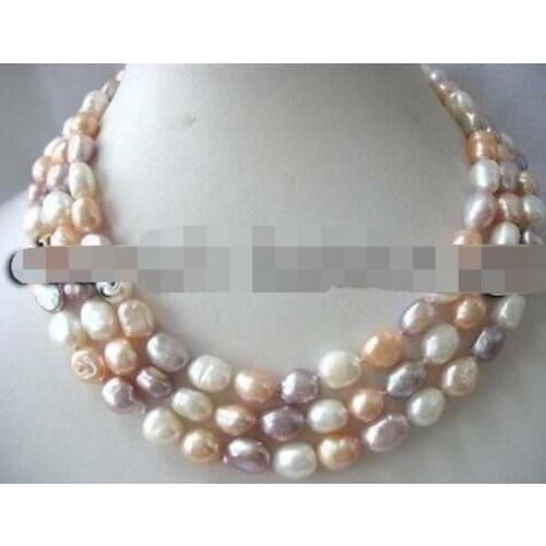 Jewelry Free Shipping 50" 8-9mm white pink and purple barpque freshwater pearl necklace wholesal