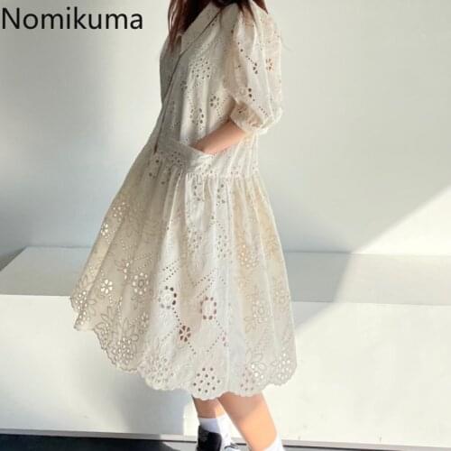 Nomikuma Korean Hook Hollow-out Lace Dress Puff Sleeve Turn-down Collar Woman Dresses Summer Chic Pockets Vestido De Mujer 6G579