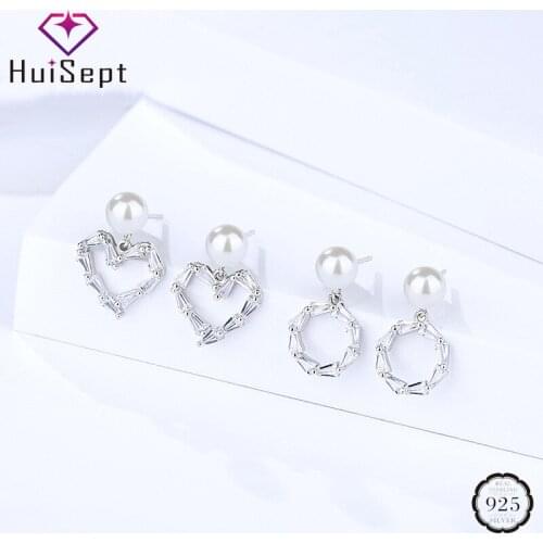 HuiSept Pearl Earrings 925 Sterling Silver Jewelry Accessories Charm Zircon Gemstone Heart-shape Drop Earring for Women Wedding