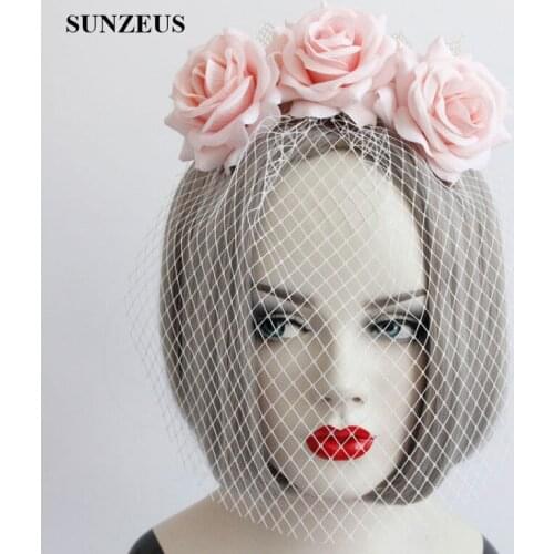 Pink Rose Flowers Wedding Hats for Bridal Face Veil Hair Accessories with Headband chapeau mariage SH29