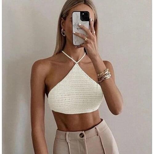 Sexy Fashion Halter Knit Crop Tops for Women 2021 Summer New Backless Sleeveless Top Cropped Bandage Club Party Outfit Camisole