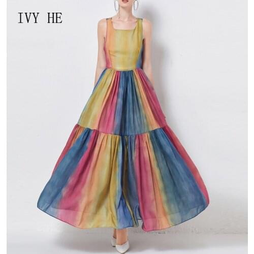 IVY HE High Quality Summer Dress Woman Clothing Beautiful Iridescence Patchwork Holiday Long Dress Traf Robe ZA Party Dresses