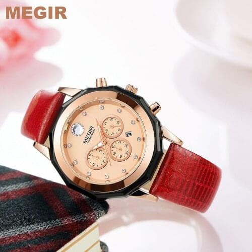 Megir Fashion Quartz Watch Women Luxury Chronograph Wrist Watch Lady Red Genuine Leather Strap Waterproof Relogio Femininos 2042