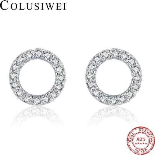 Colusiwei Classic 100% 925 Sterling Silver Retro Clear CZ Geometric Circle Small Sud Earring for Women Engagement Party Jewelry