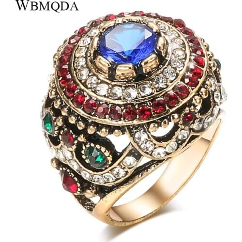 2020 New Arrivals Boho Wedding Blue Stone Rings For Women Luxury Flower Pattern Crystal Ring Vintage Turkish Jewelry Gift
