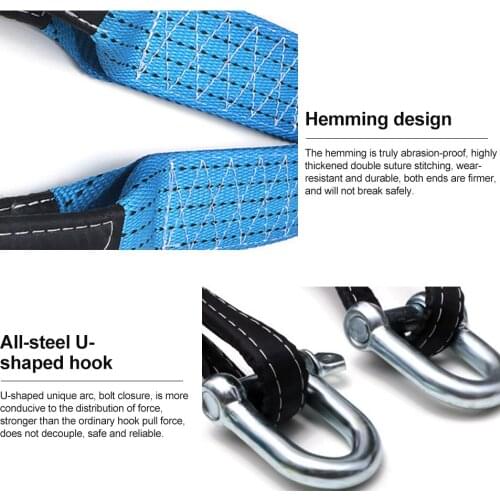 3m/5m Car Tow Strap with U-shaped Hooks 8Tons Heavy Duty Nylon Towing Strap with Reflective Tape for SUV Car Trailer