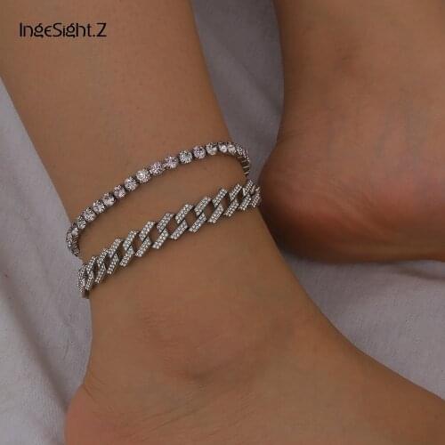IngeSight.Z 2Pcs/Set Luxury Shiny Rhinestone Crystal Cuban Anklet Bracelet Silver Color Anklets On Foot Barefoot Sandals Jewelry