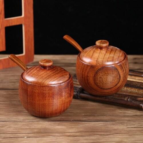 Wooden Salt Cellar Sugar Seasoning Storage Box Kitchen Japanese Style Spice Jars With Lid and Spoon Retro Spice Container